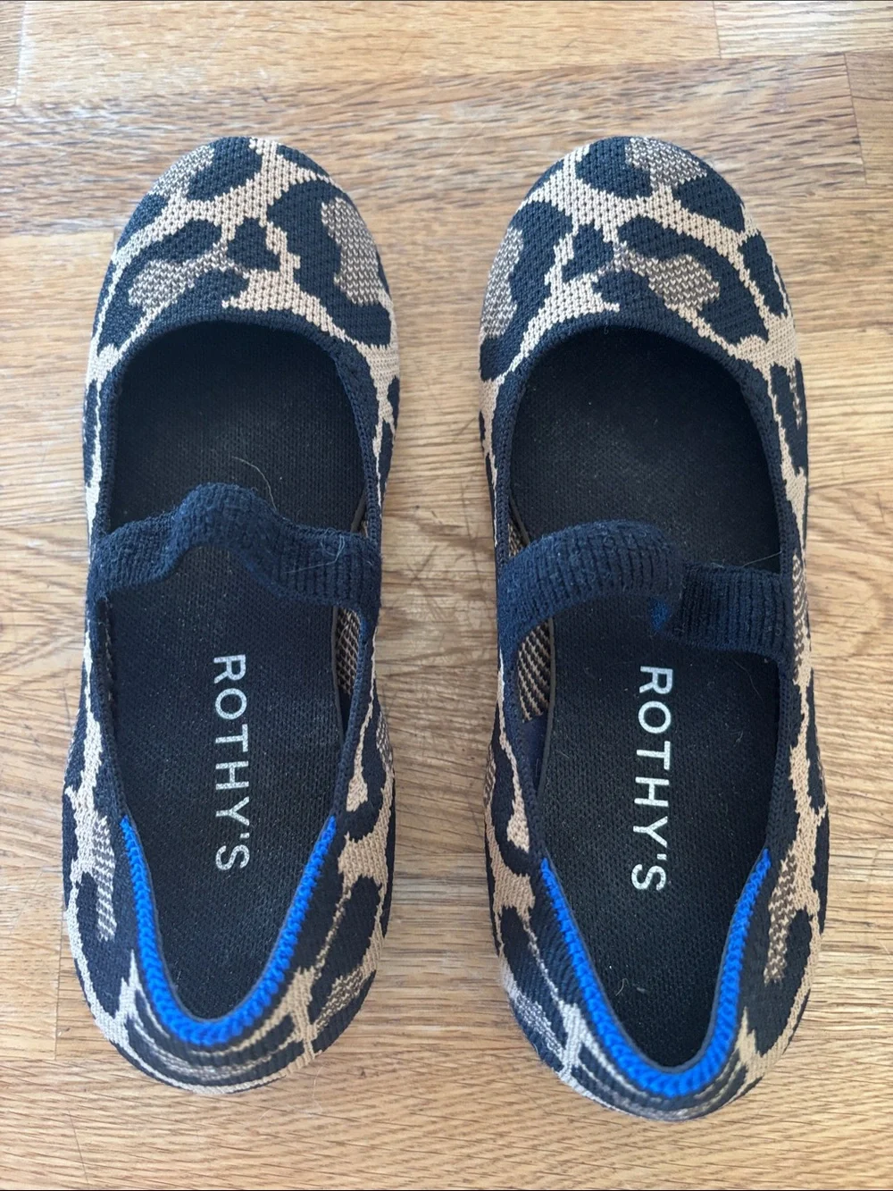 Rothy's Kids Leopard Mary Jane Flats - Black, Tan & Blue Trim